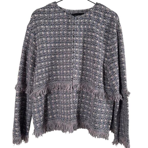 ST. JOHN Fall 2017 Ready-to-Wear Jacket Wool Blend Gray Fringed Open Size 10 - Picture 2 of 12